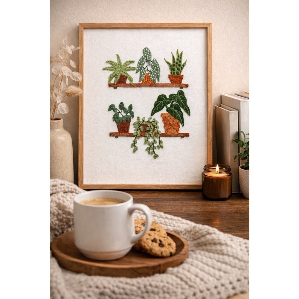 BP Framed Botanical Embroidery Wall Art Potted Hanging Plants Textile Bookshelf